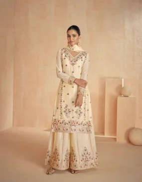 Cream Chinnon Silk Palazzo Suit with Delicate Embroidery