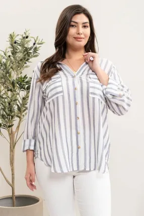 Curvy/Plus Blue Striped Double Pocket Button Up Shirt