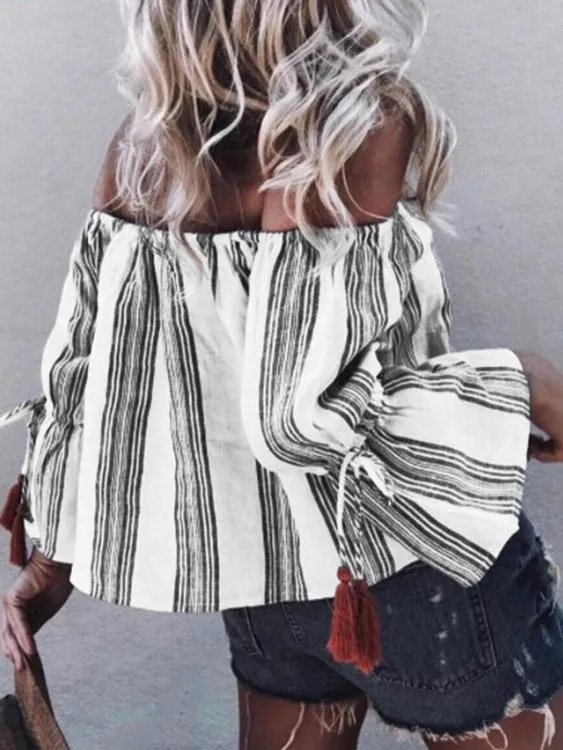 Custom Off The Shoulder Stripe 3/4 Sleeve Blouse