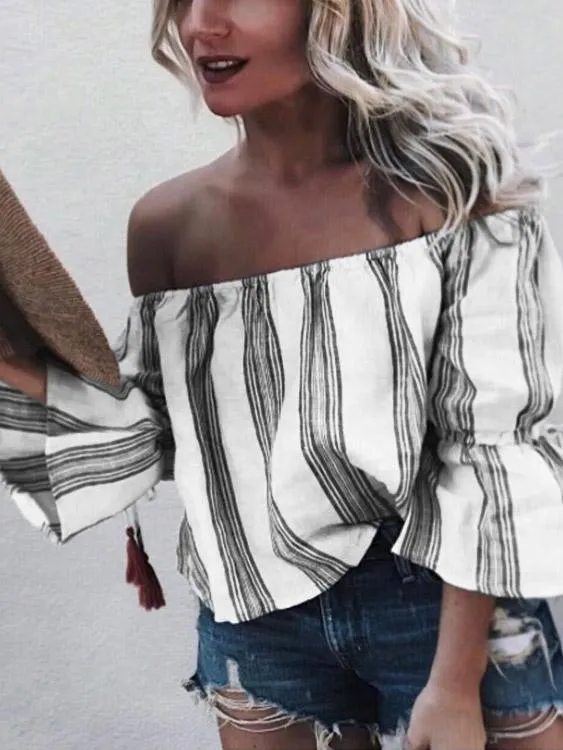 Custom Off The Shoulder Stripe 3/4 Sleeve Blouse