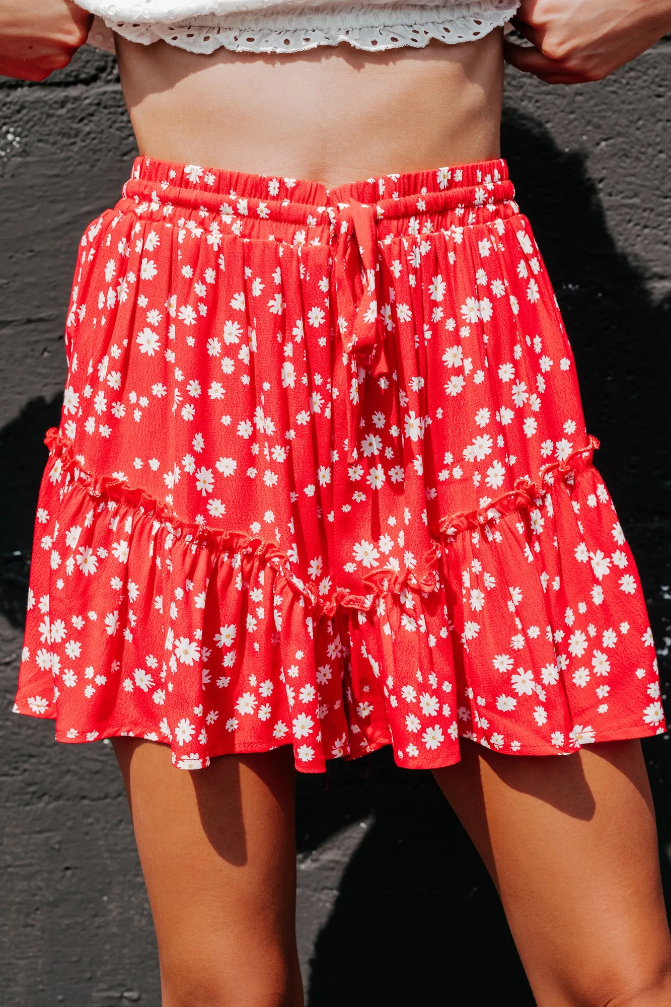 Daisy Dear High Rise Ruffled Floral Print Shorts (Red)