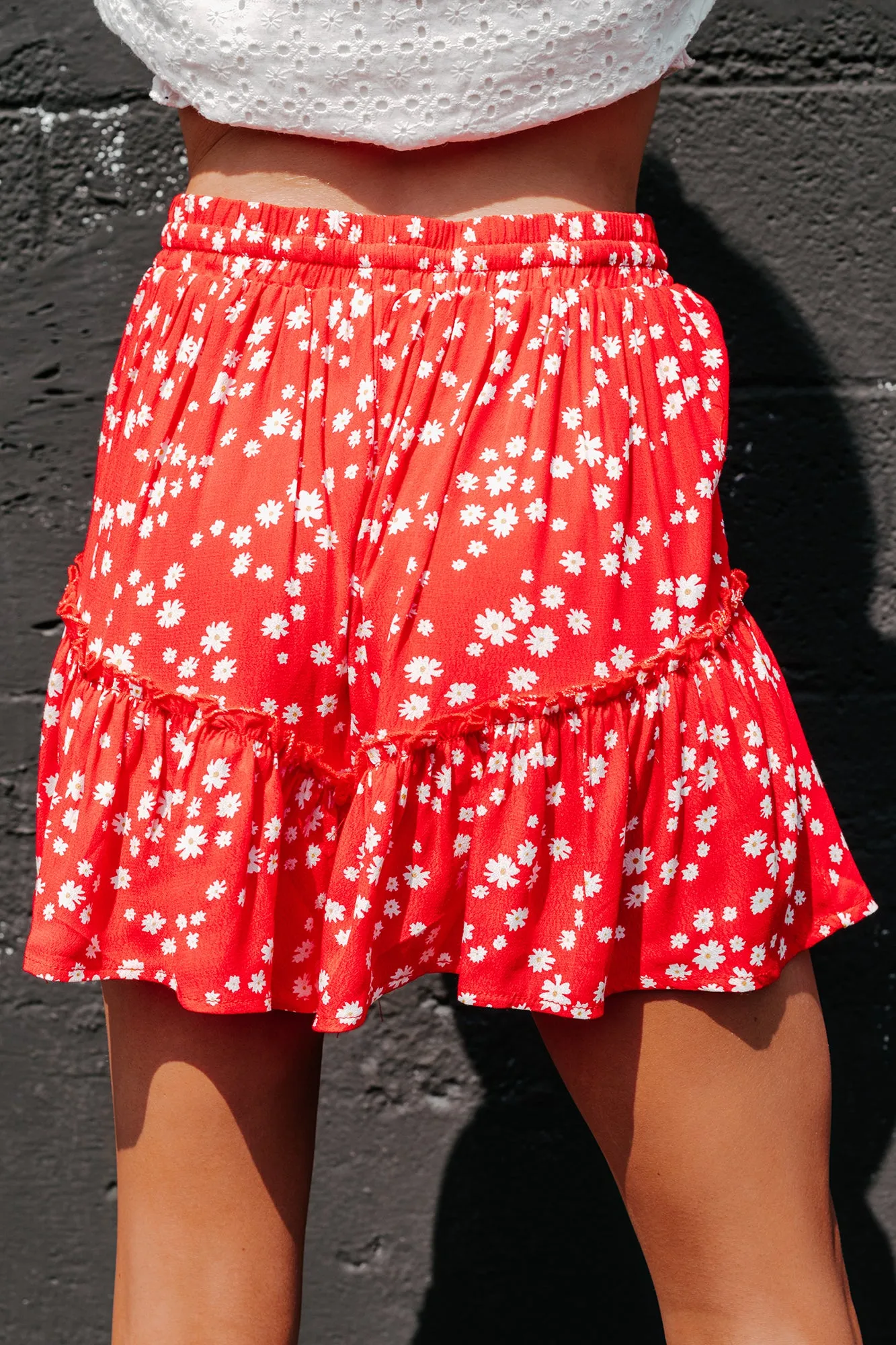 Daisy Dear High Rise Ruffled Floral Print Shorts (Red)