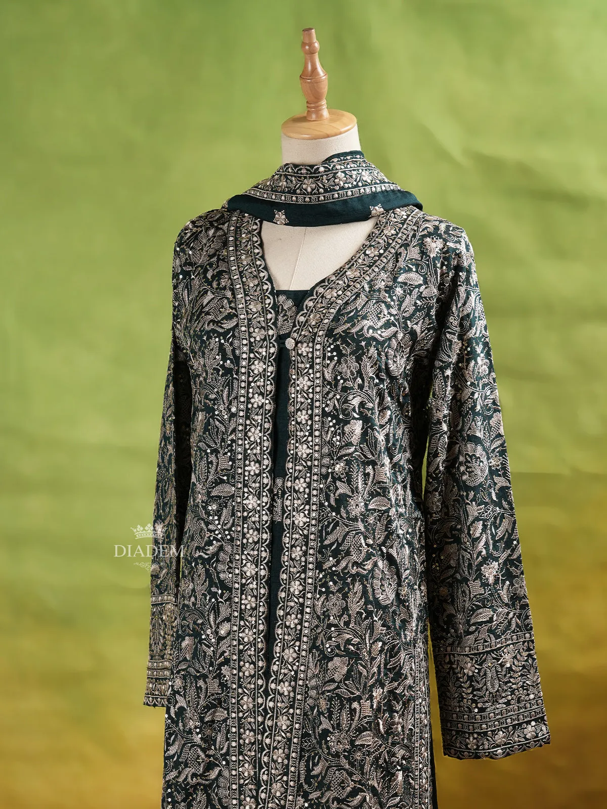 Dark Green Palazzo Suit Adorned with Floral Embroidery, With Dupatta and Full Sleeve