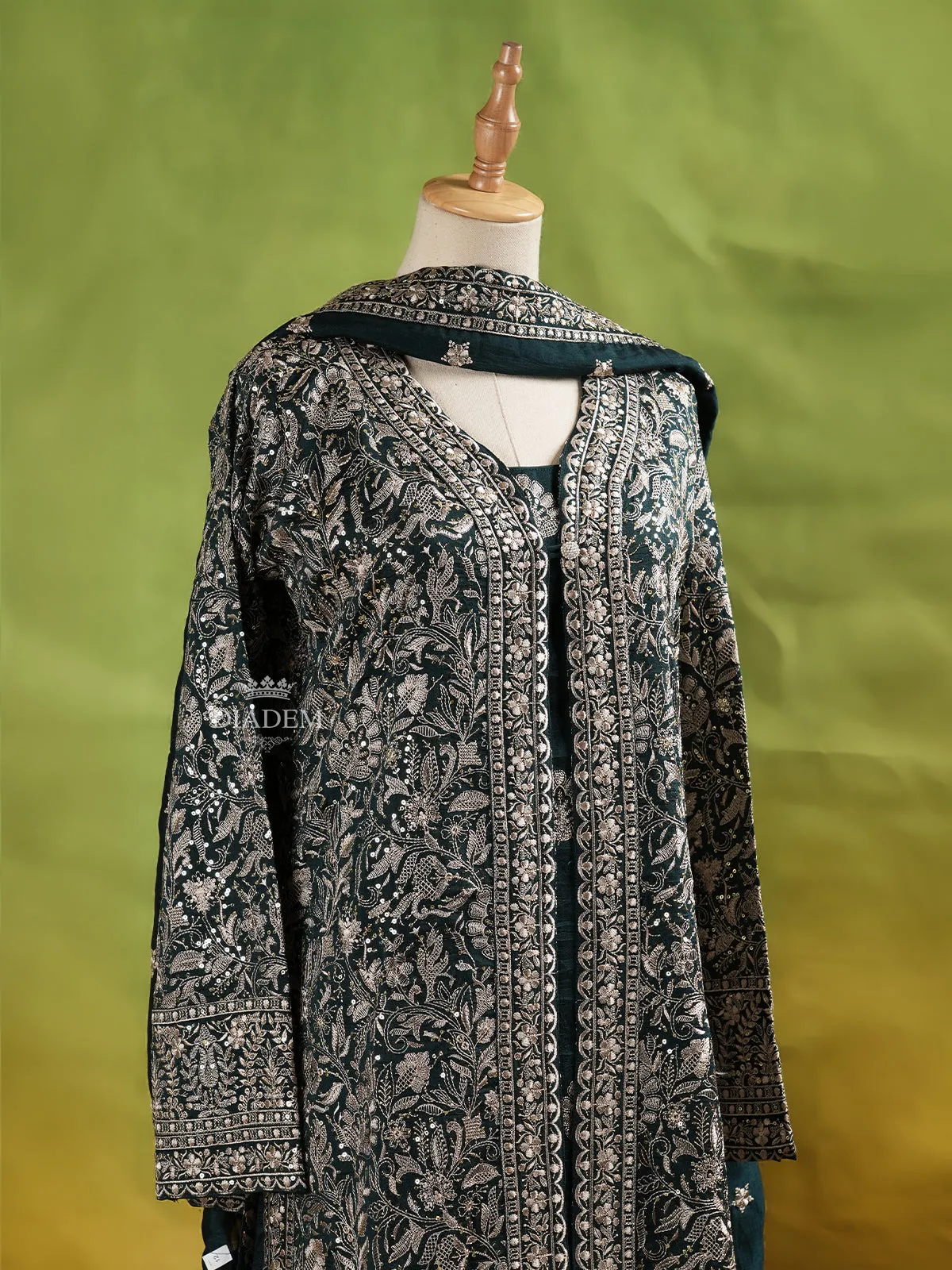 Dark Green Palazzo Suit Adorned with Floral Embroidery, With Dupatta and Full Sleeve