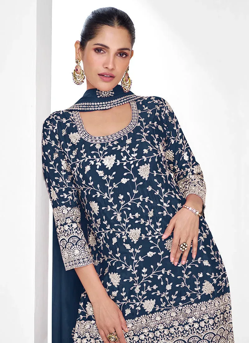 Dazzling Dark Blue Traditional Embroidered Palazzo Suit