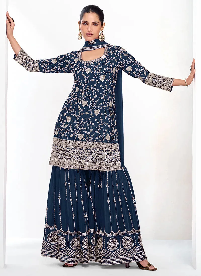 Dazzling Dark Blue Traditional Embroidered Palazzo Suit