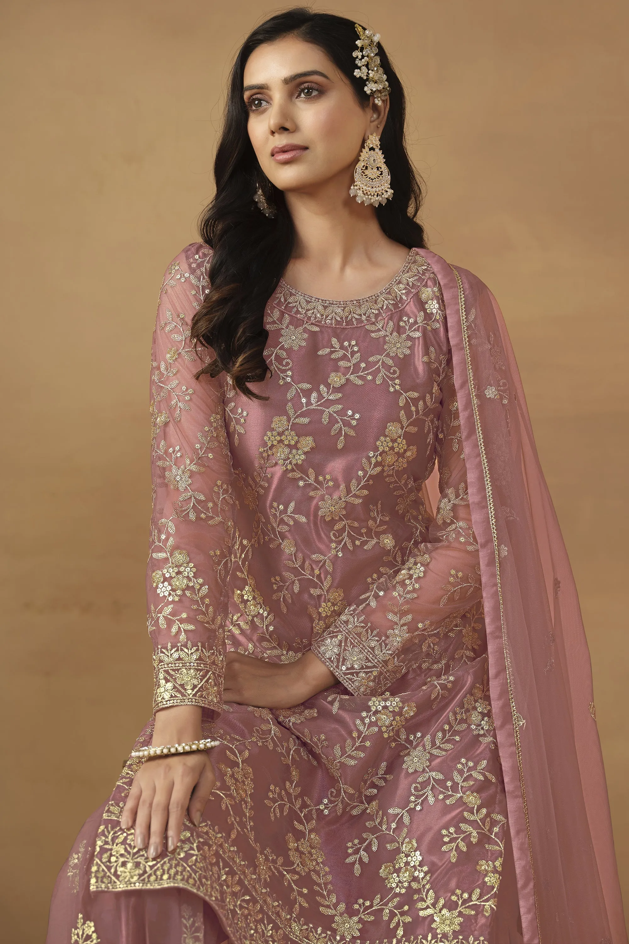 Dazzling Net Fabric Pink Color Embroidered Palazzo Suit