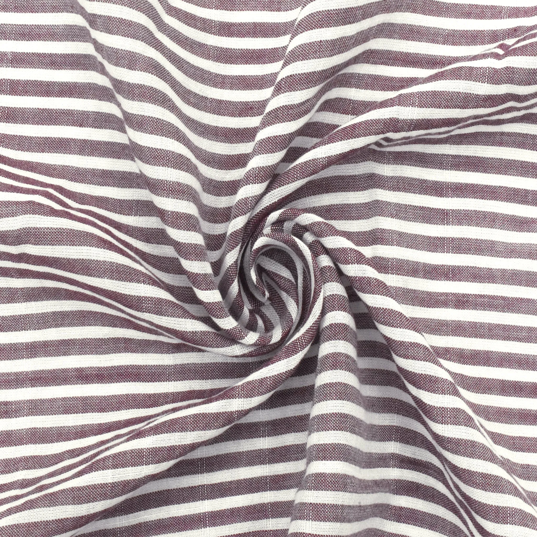 Deep Red-Off-White Striped Slub Rayon Lawn Fabric