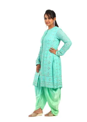 Designer Green Chikankari Kurti with Patiala Pants Traditional Punjabi Style