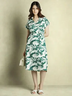 DL Woman Green Floral Print V-Neck Wrap Dress