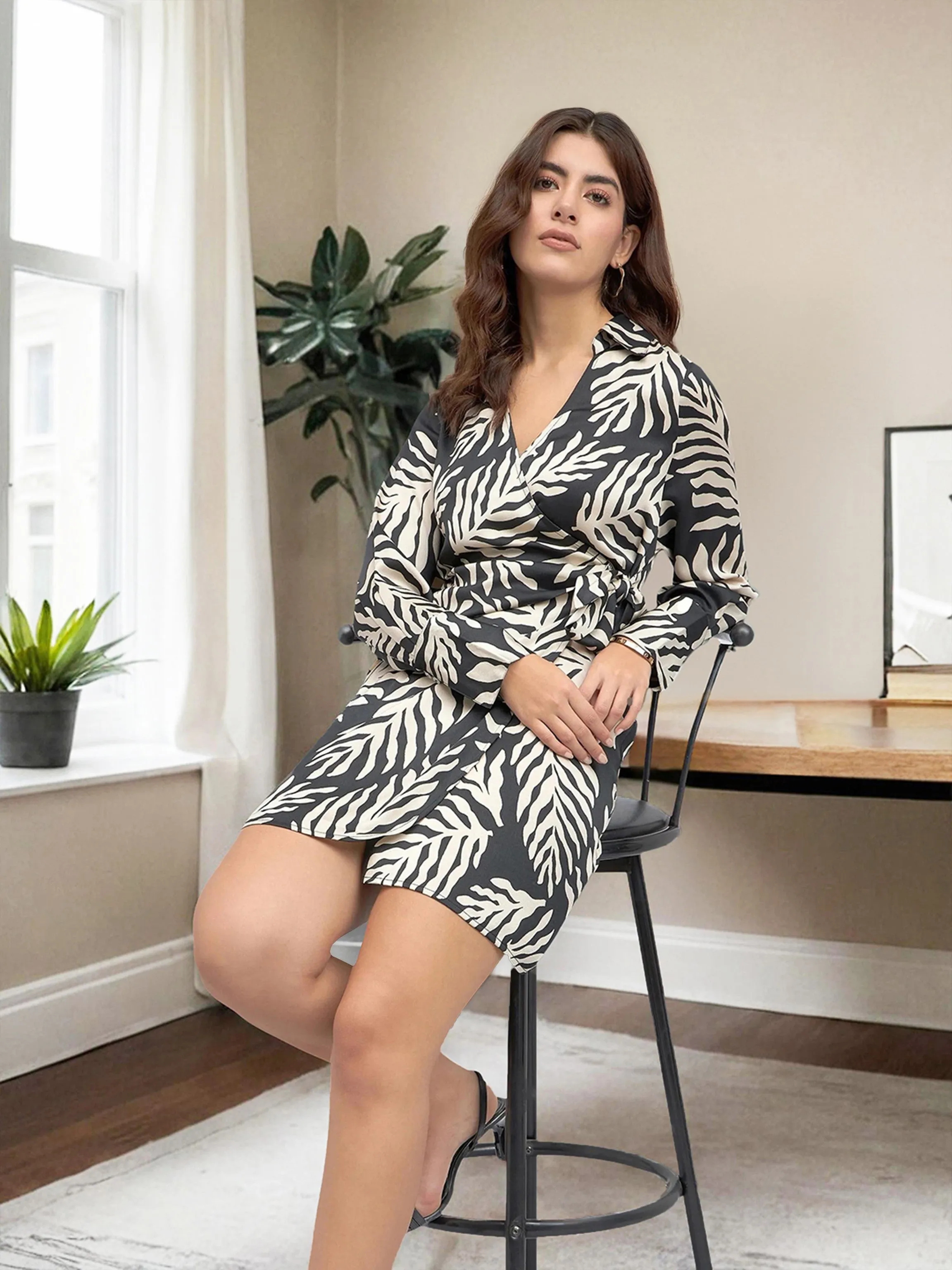 DL Woman V- Neck Regular Fit Printed Black Wrap Dress