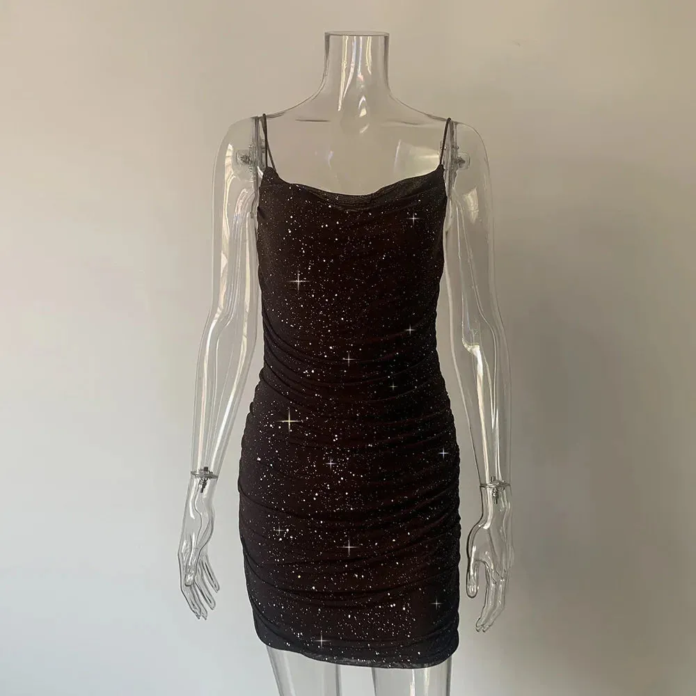 Elegant Sparkle Backless Women Ruched Mini Short Summer Bodycon Glitter Sexy 2024 Mesh Dress