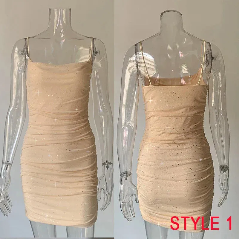 Elegant Sparkle Backless Women Ruched Mini Short Summer Bodycon Glitter Sexy 2024 Mesh Dress