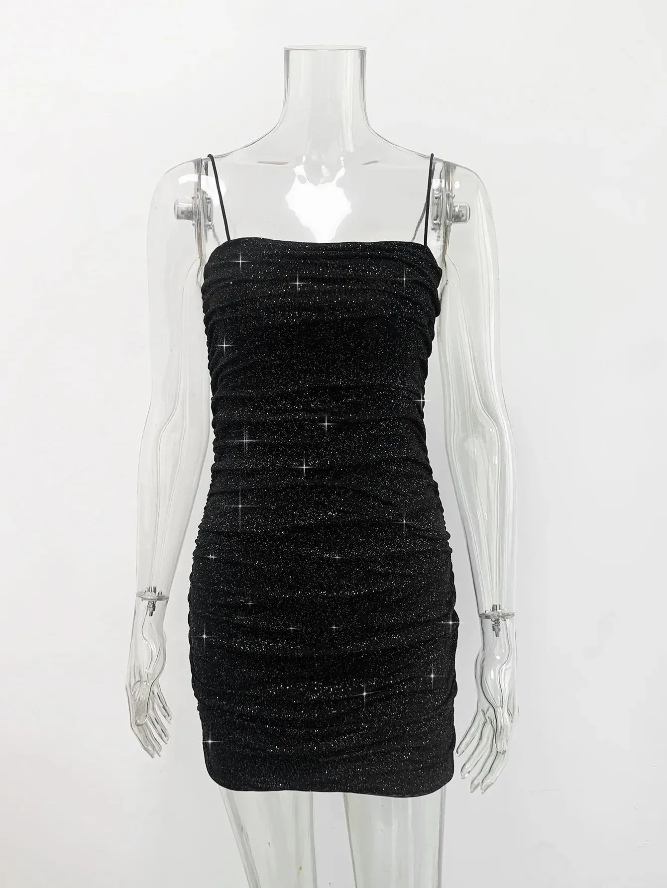 Elegant Sparkle Backless Women Ruched Mini Short Summer Bodycon Glitter Sexy 2024 Mesh Dress