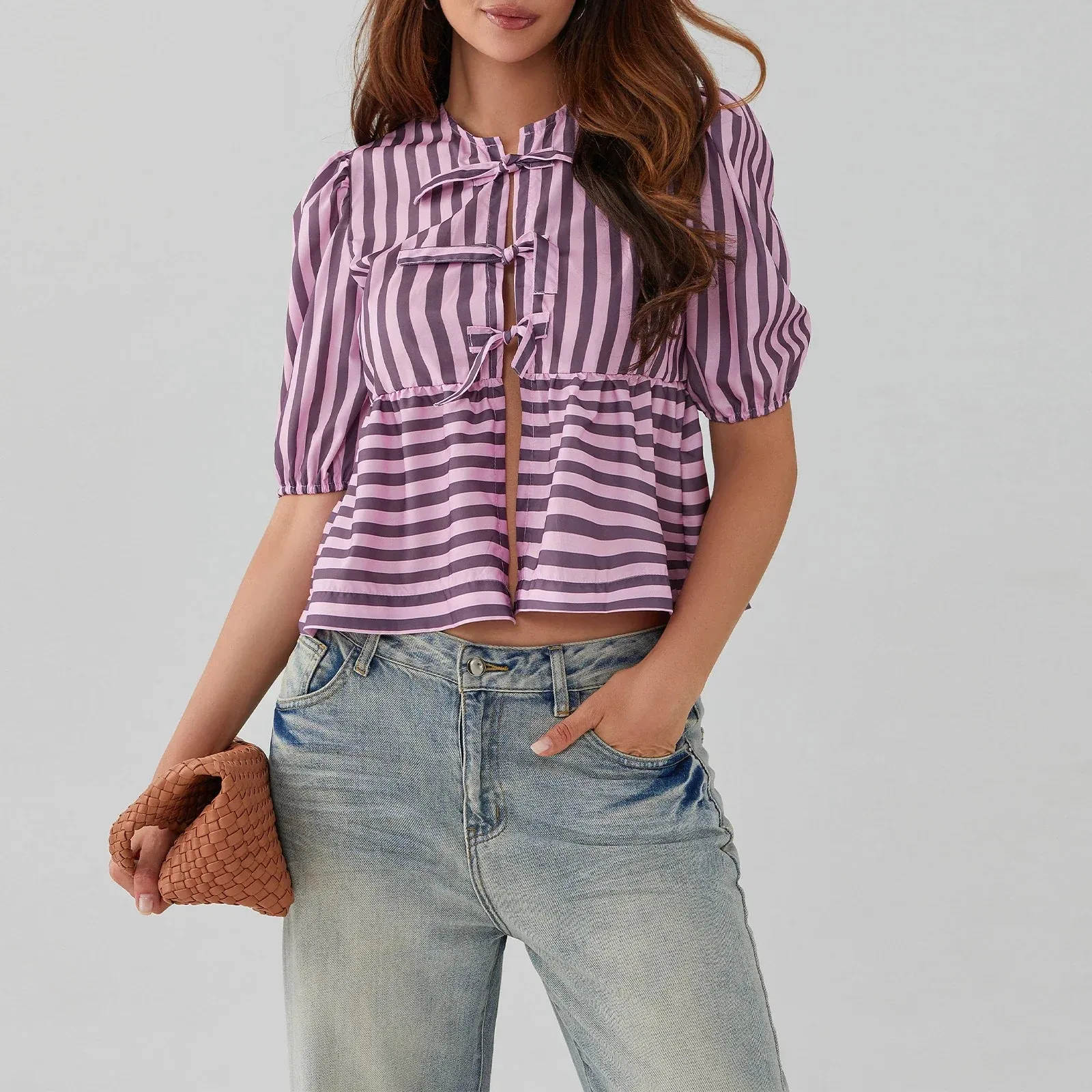 Elegant Summer Peplum Stripe Print Short Puff Sleeve Tie Front Loose Streetwear Kawaii Blouse