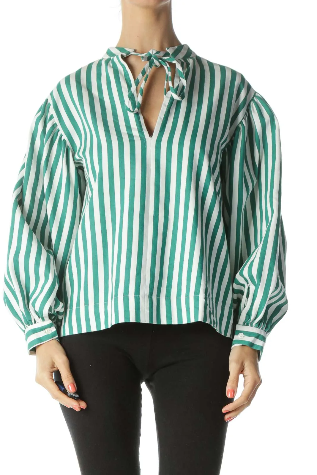 Emerald-Green/White Striped Neck-Back-Tie Top