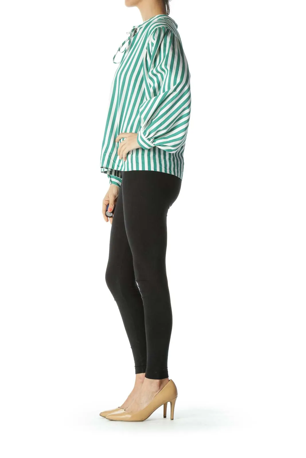 Emerald-Green/White Striped Neck-Back-Tie Top