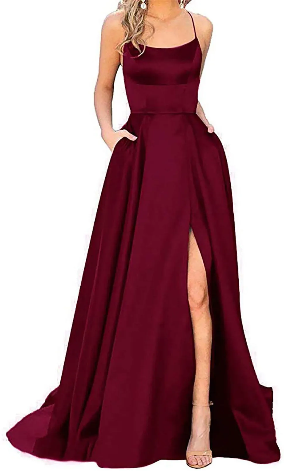 Evening Gown Solid Color Slit Cami Dresses Wholesale Womens Clothing N3823111600012