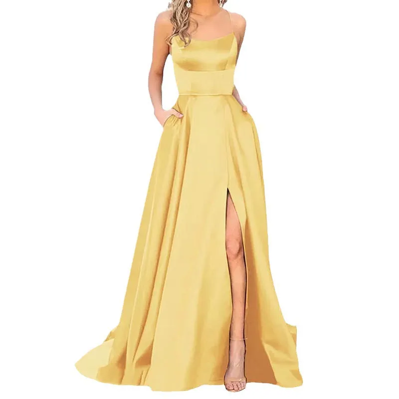 Evening Gown Solid Color Slit Cami Dresses Wholesale Womens Clothing N3823111600012