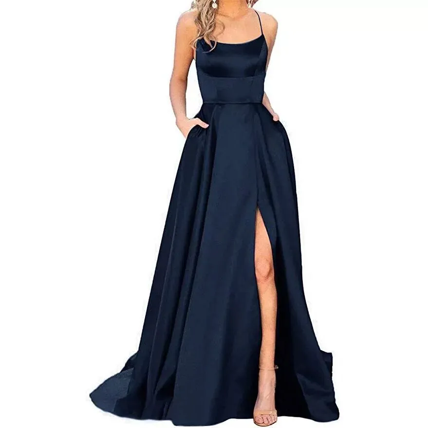 Evening Gown Solid Color Slit Cami Dresses Wholesale Womens Clothing N3823111600012