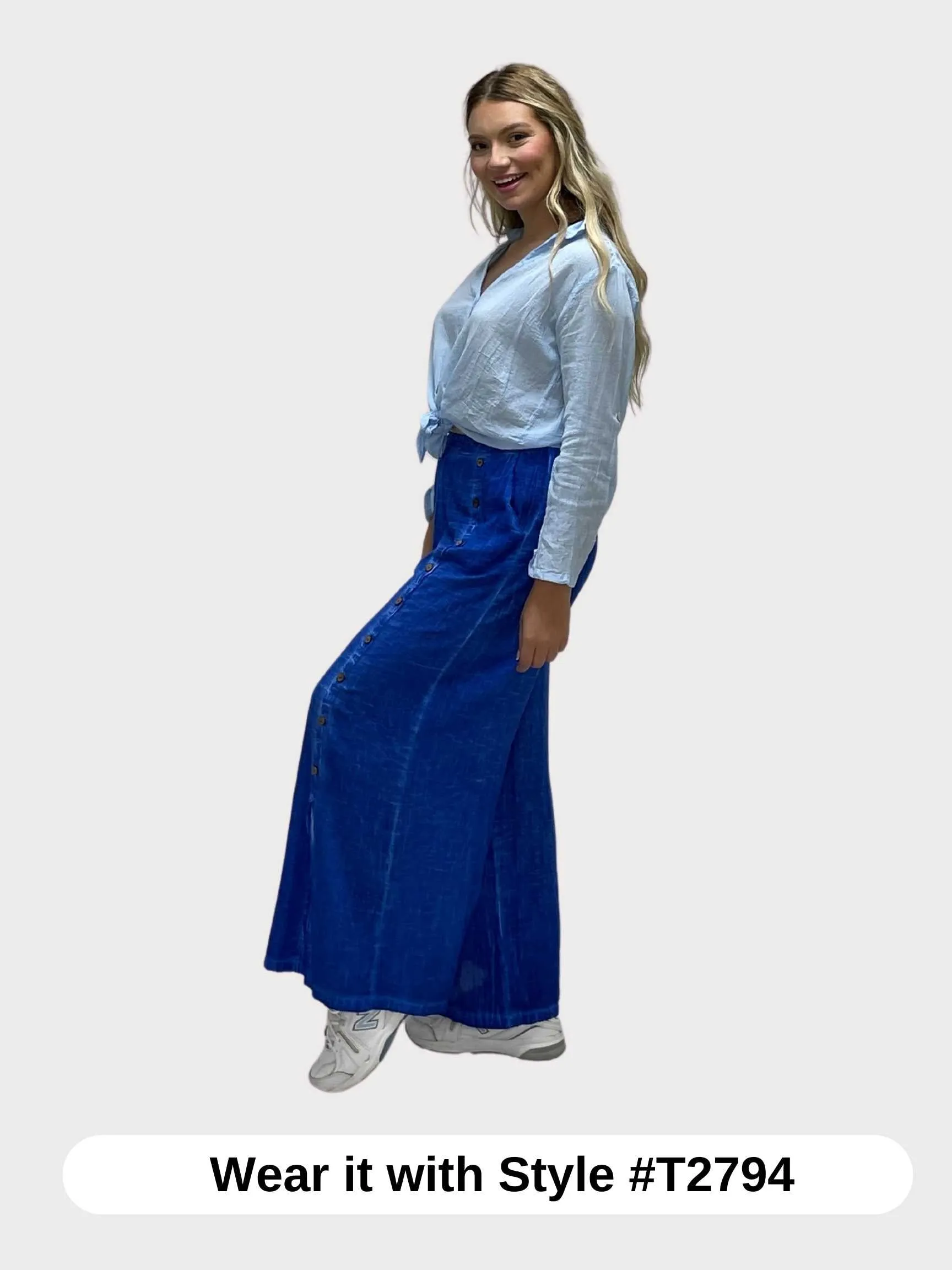 FASHQUE - Cotton Mid Rise Palazzo Pull-on Pants with buttons on side - P7104