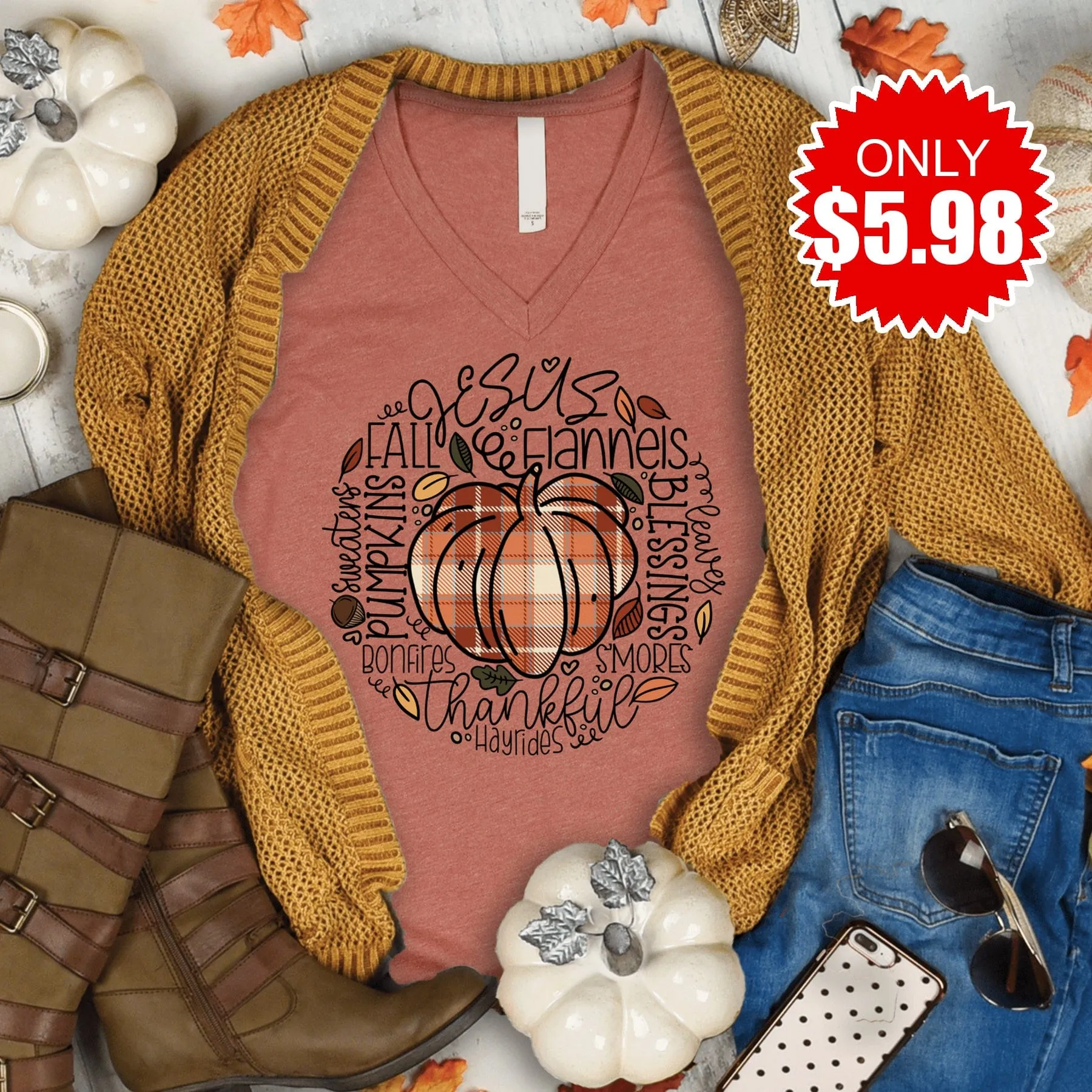 Flannel Pumpkin V-Neck Tee 5