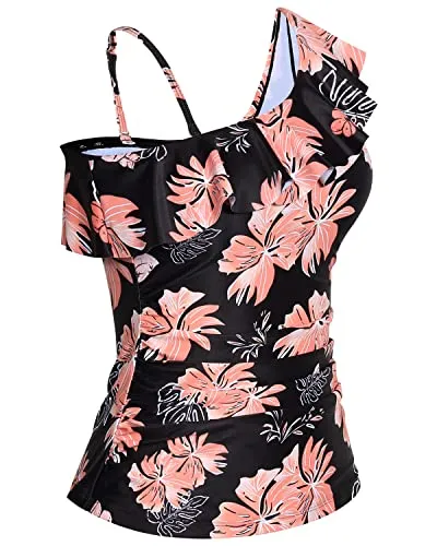 Flattering One Shoulder Tankini Tops Ruffle Trim For Women-Black Orange Floral