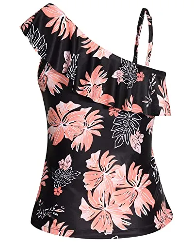 Flattering One Shoulder Tankini Tops Ruffle Trim For Women-Black Orange Floral