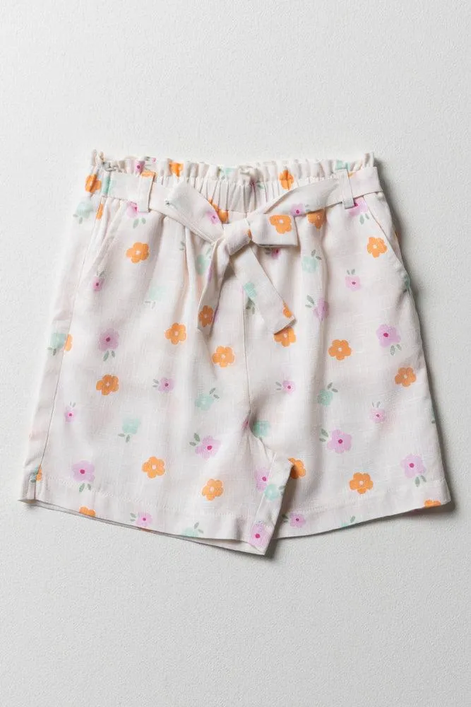 Floral Print Linen Short Yellow