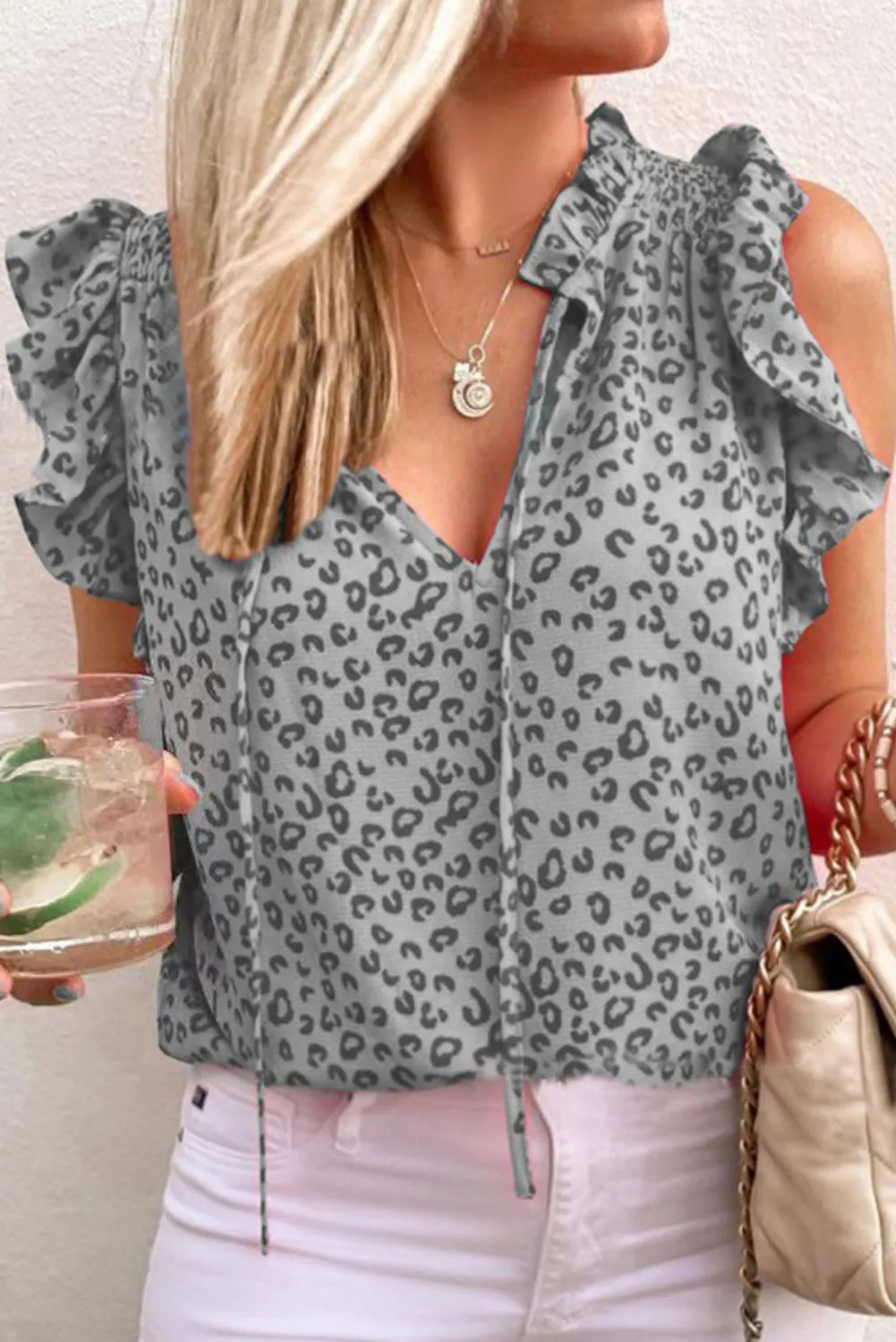 Frilled Spilt V Neck Leopard Ruffled Top