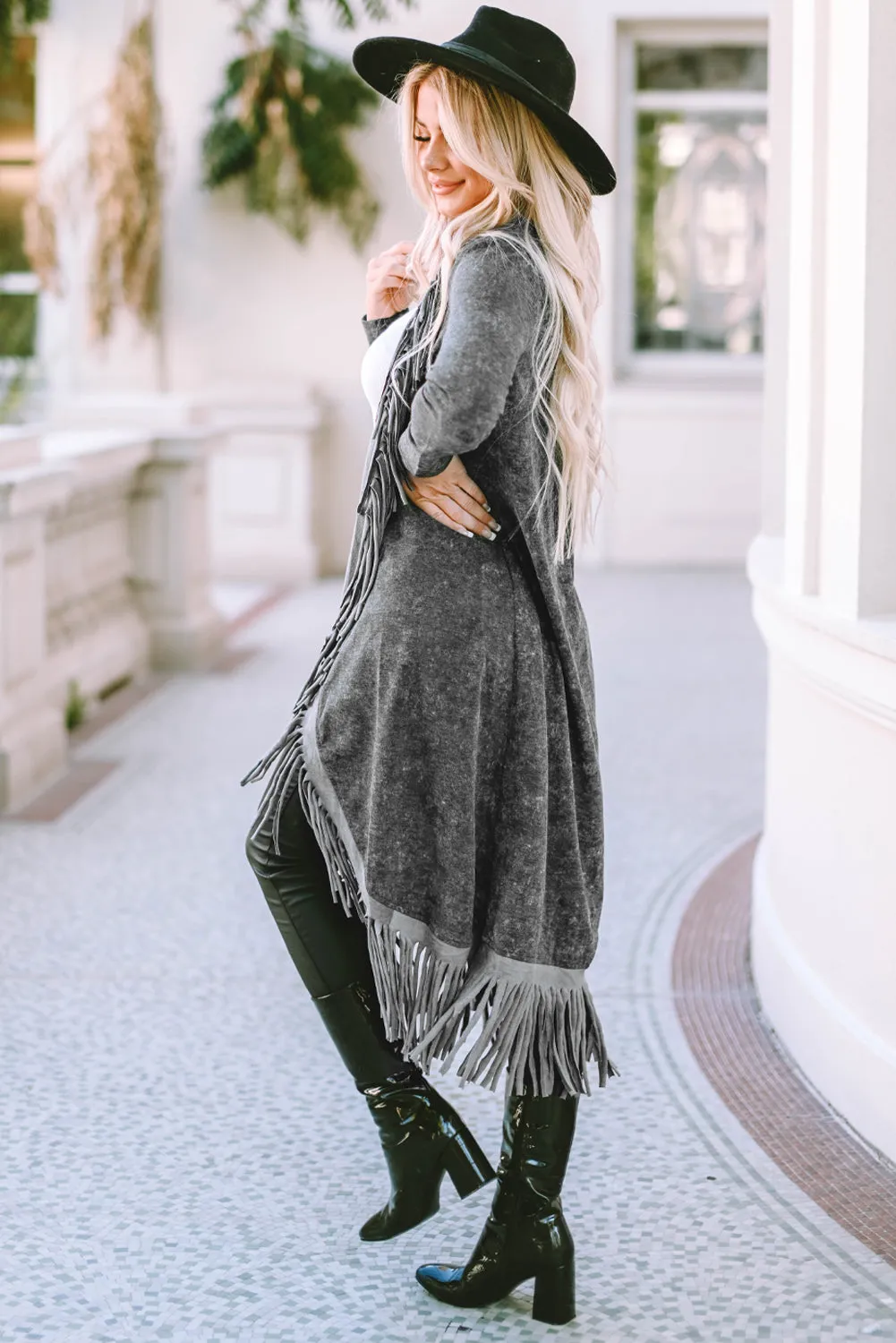 Fringed Hem Pocketed Open Cardigan