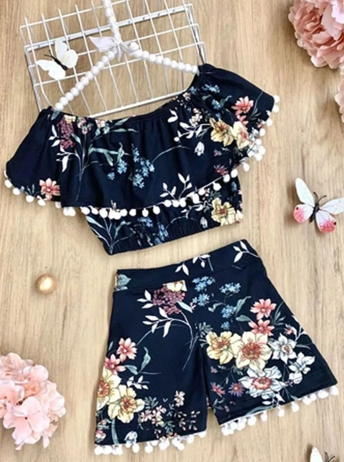 Girl A Budding Love Floral Pom Pom Ruffle Top and Shorts Set