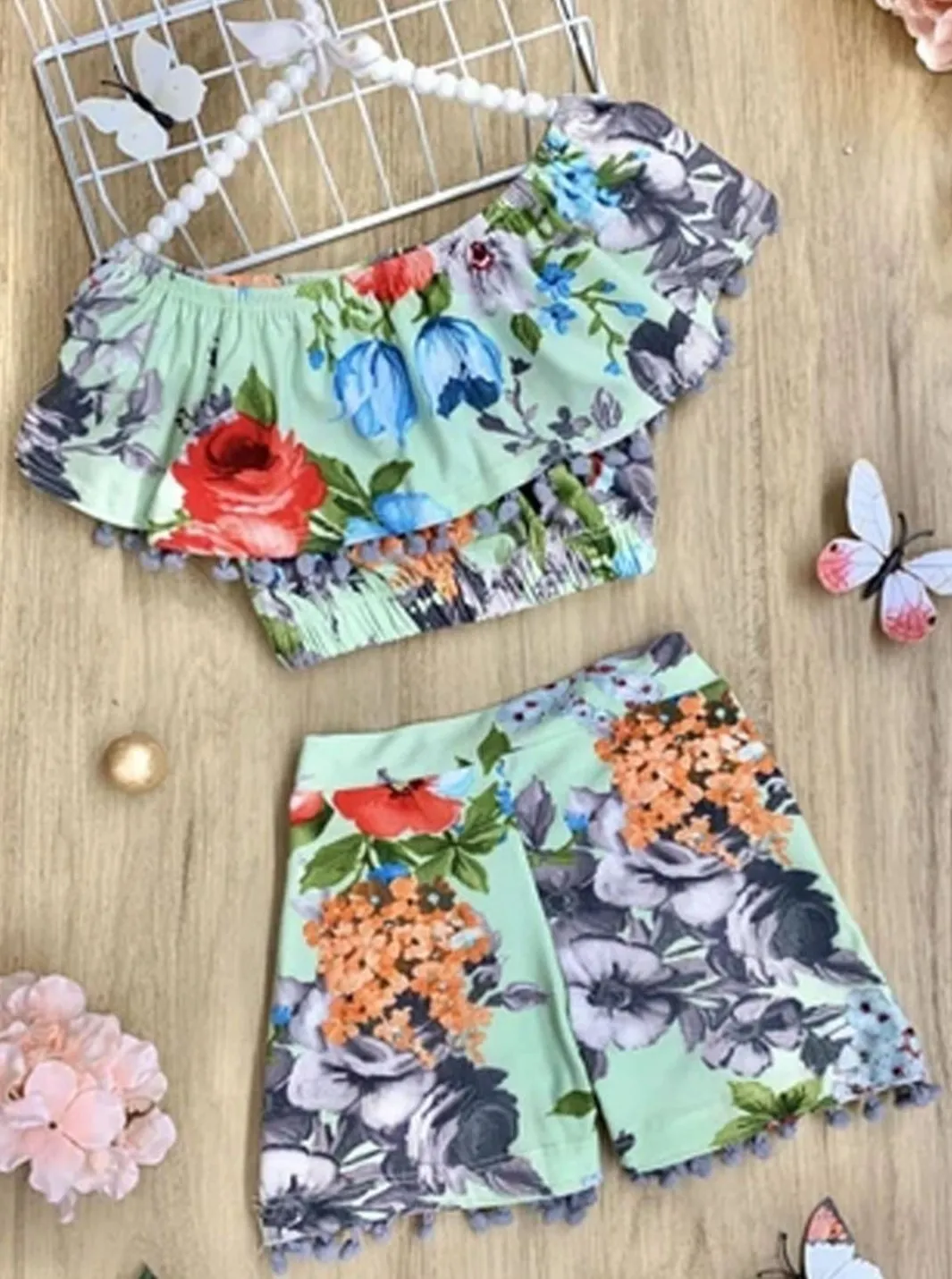 Girls A Budding Love Floral Pom Pom Ruffle Top and Short Set