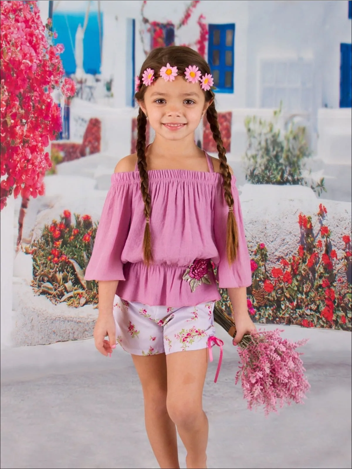 Girls Elastic Drop Waist Peasant Blouse w/ Flower Applique Trim And Floral Print Short Set