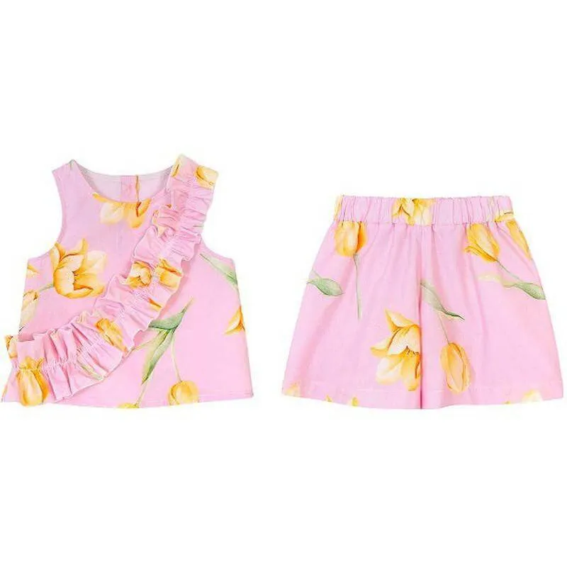 Girls Pink Cotton Floral Shorts Set