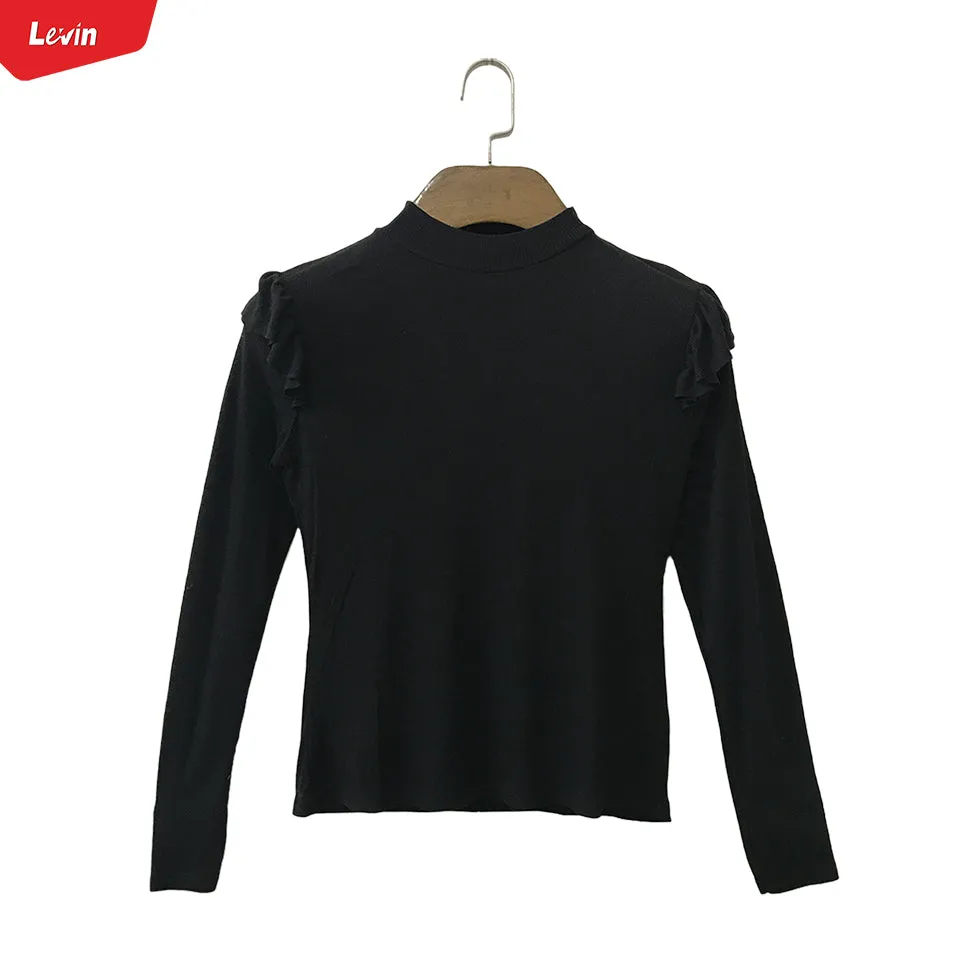 Girls Ribbed Ruffle Trim Shoulder Mock Neck Tops