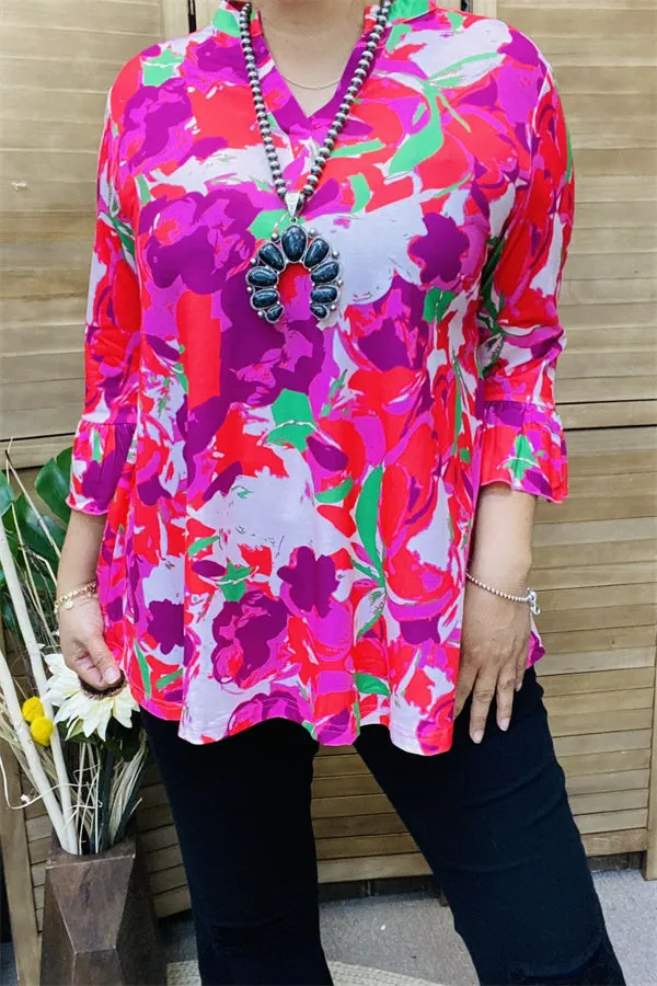 GJQ15810 Turquoise&fuchsia multi color printed 3/4 sleeve w/ruffle women tops w/v-neckline