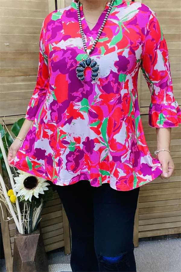 GJQ15810 Turquoise&fuchsia multi color printed 3/4 sleeve w/ruffle women tops w/v-neckline