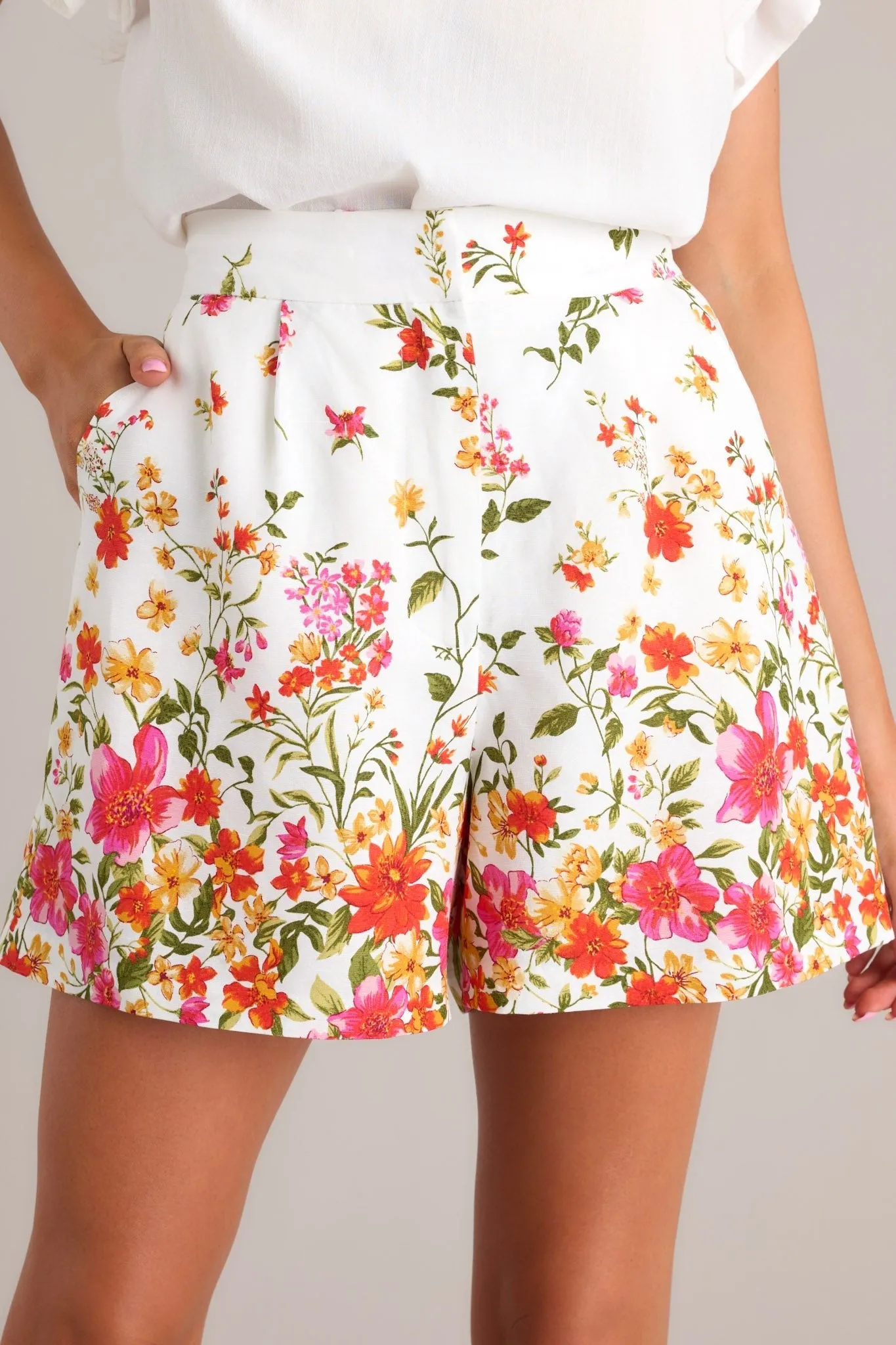 Golden Afternoon Ivory Floral Linen Shorts