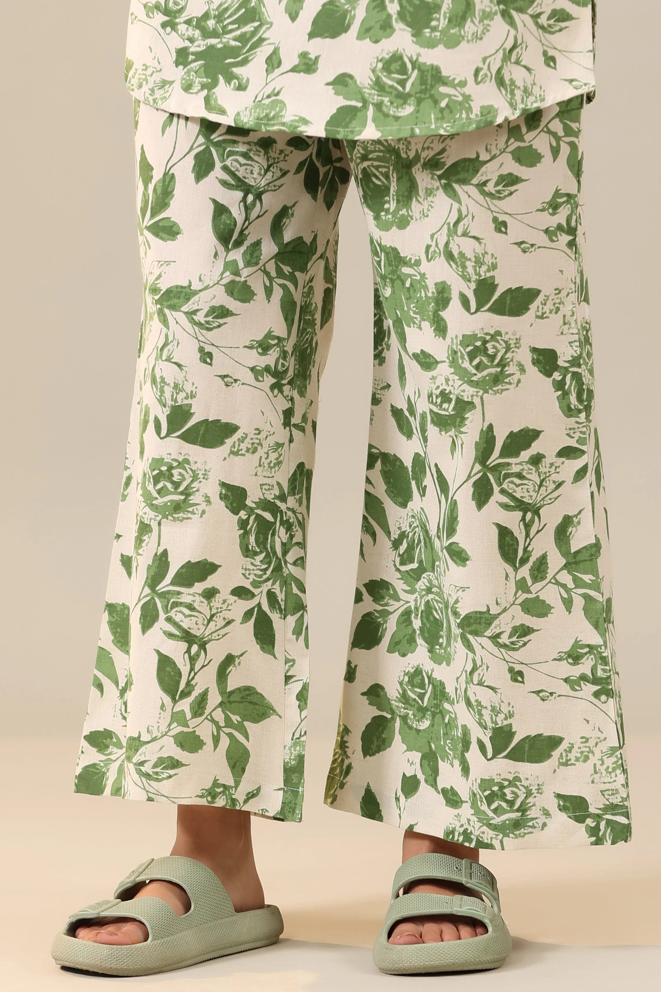 Green Jaal on Off White Cotton Flex Palazzo Loungewear Set