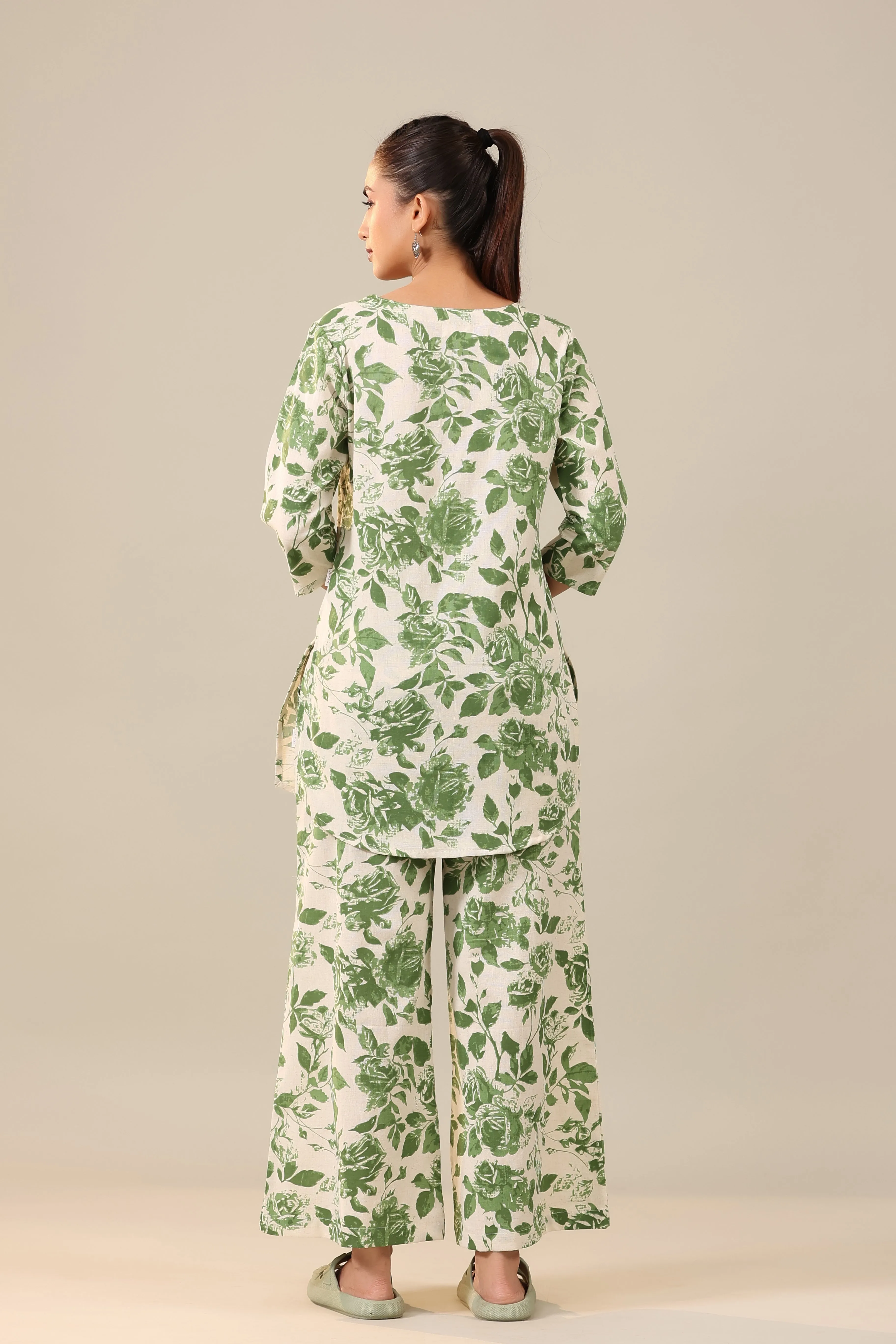 Green Jaal on Off White Cotton Flex Palazzo Loungewear Set