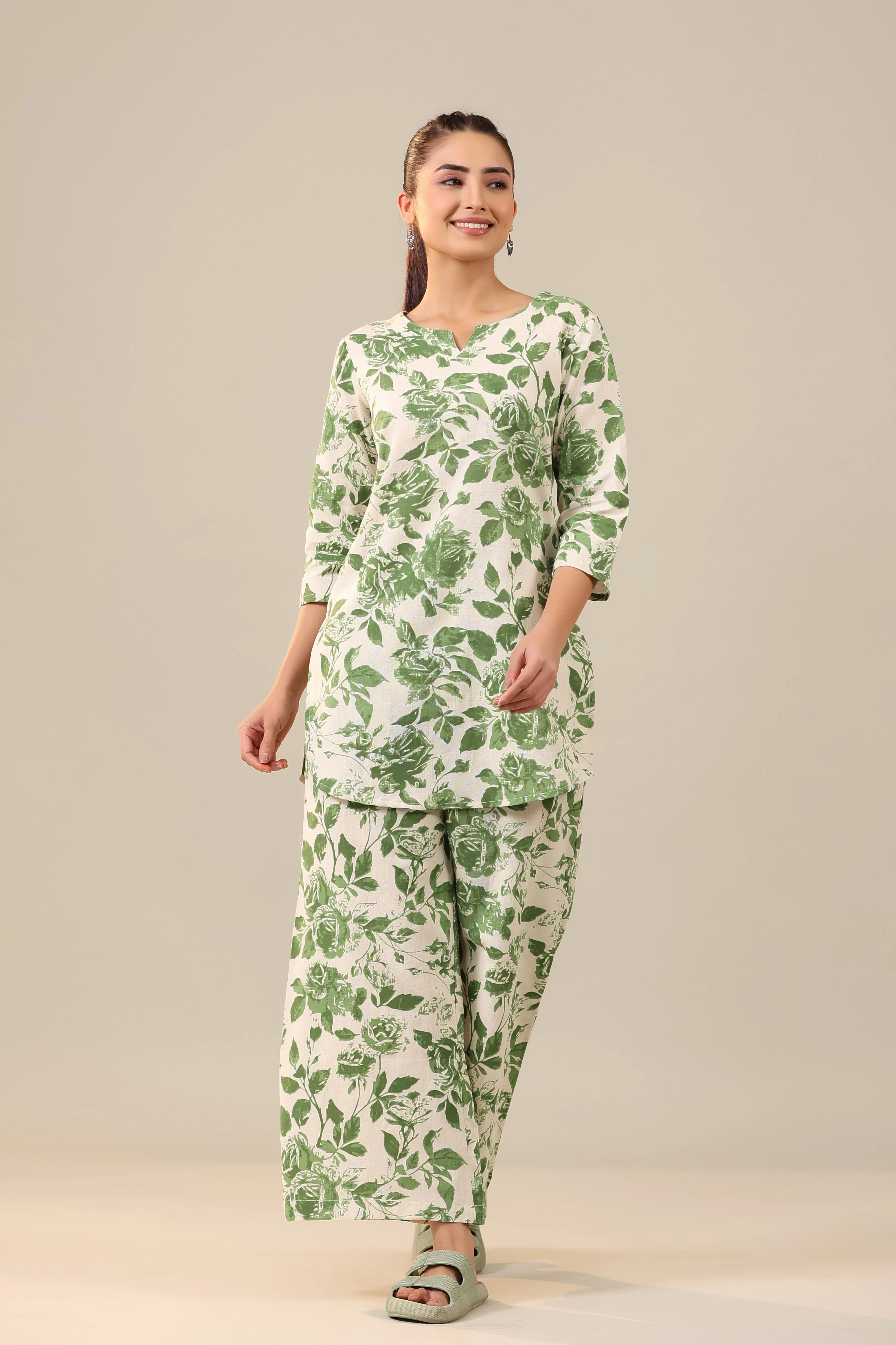 Green Jaal on Off White Cotton Flex Palazzo Loungewear Set