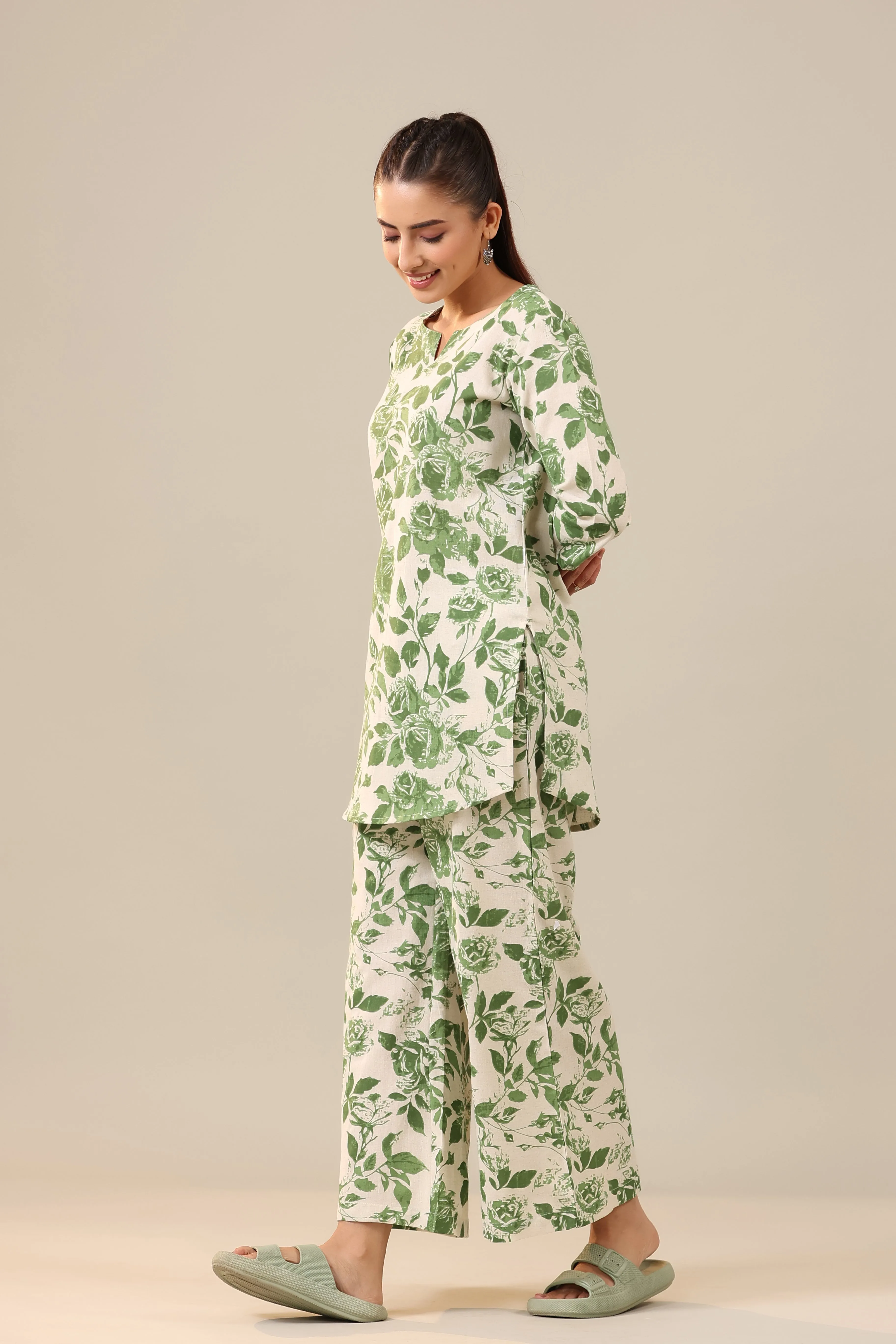 Green Jaal on Off White Cotton Flex Palazzo Loungewear Set