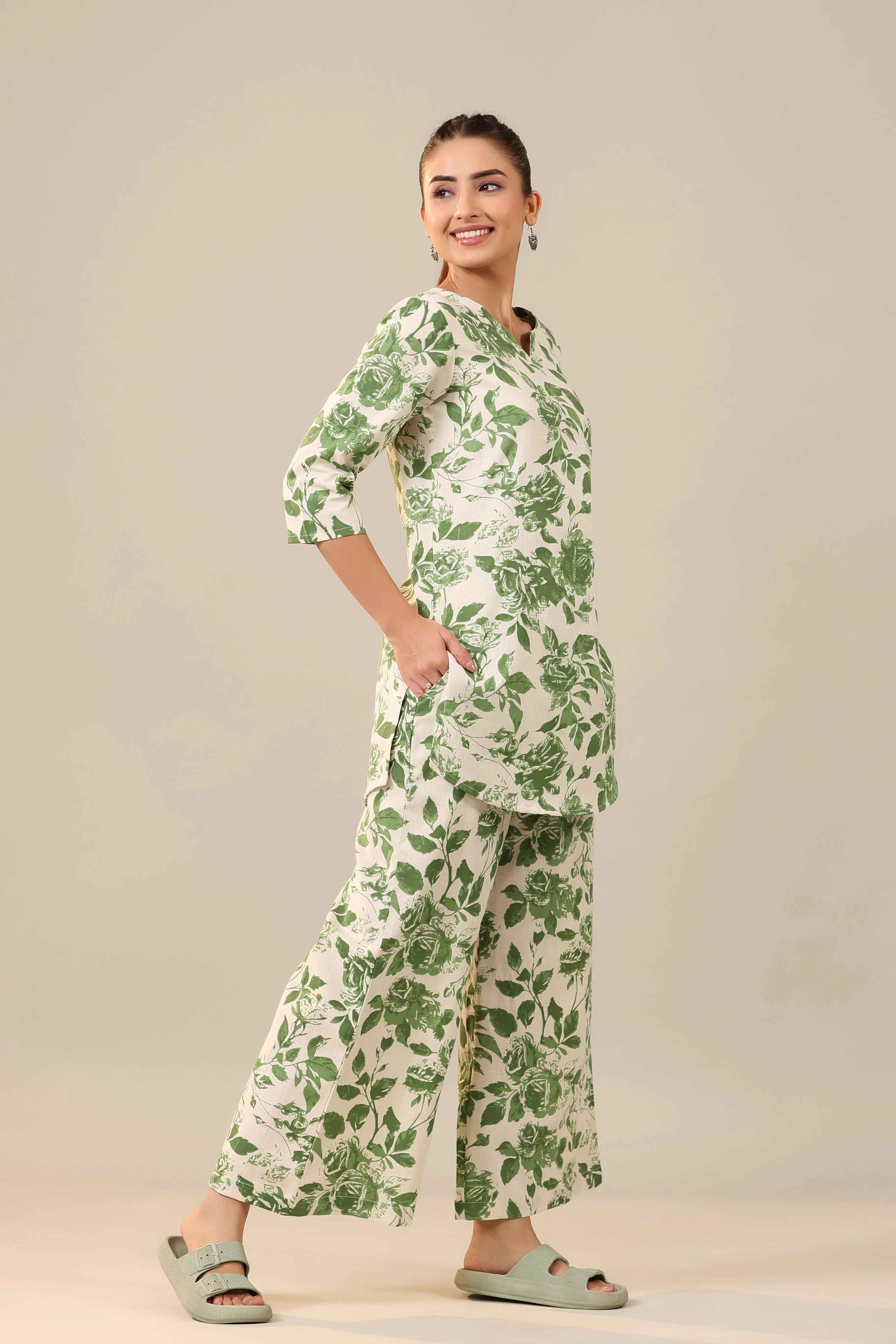 Green Jaal on Off White Cotton Flex Palazzo Loungewear Set