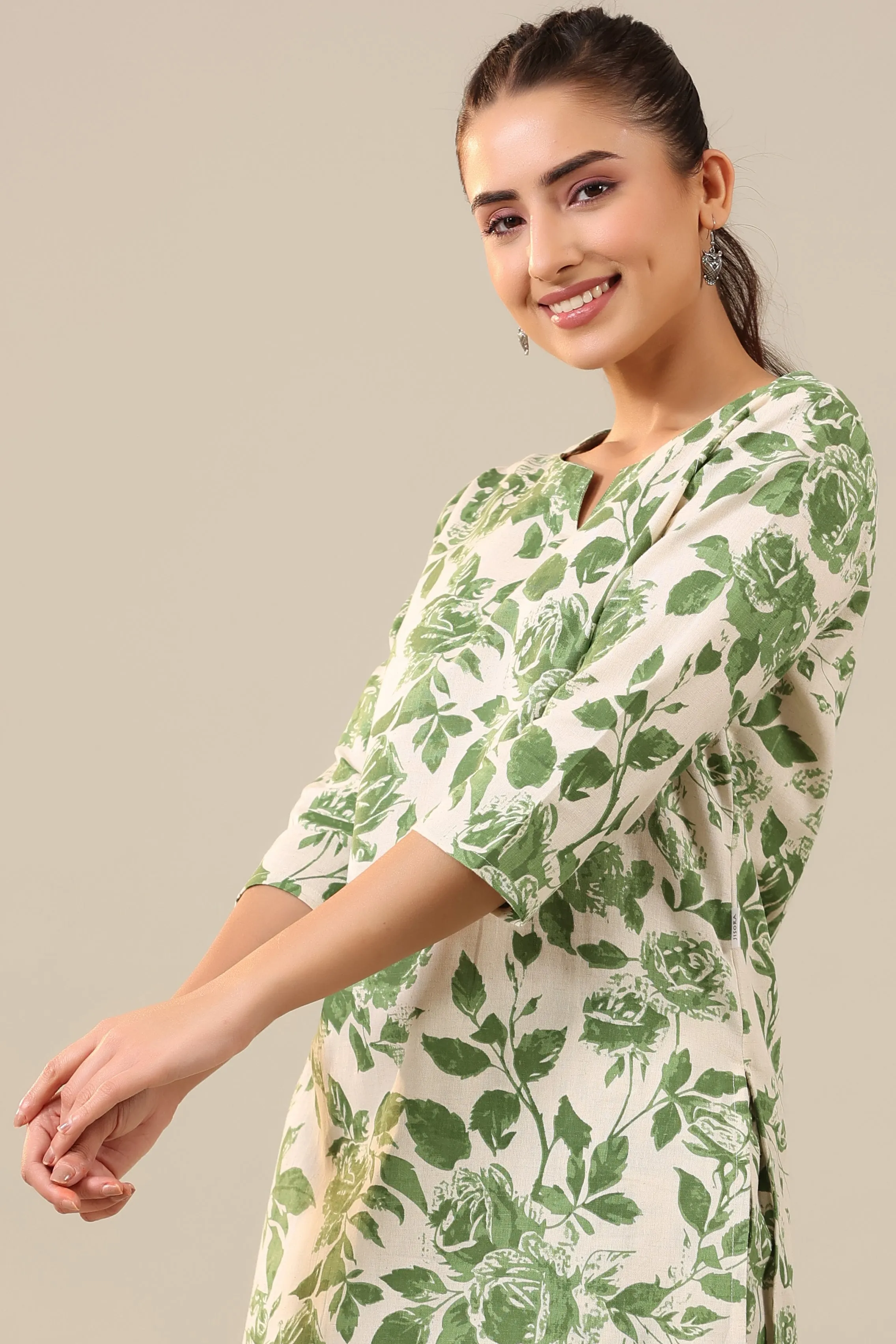 Green Jaal on Off White Cotton Flex Palazzo Loungewear Set