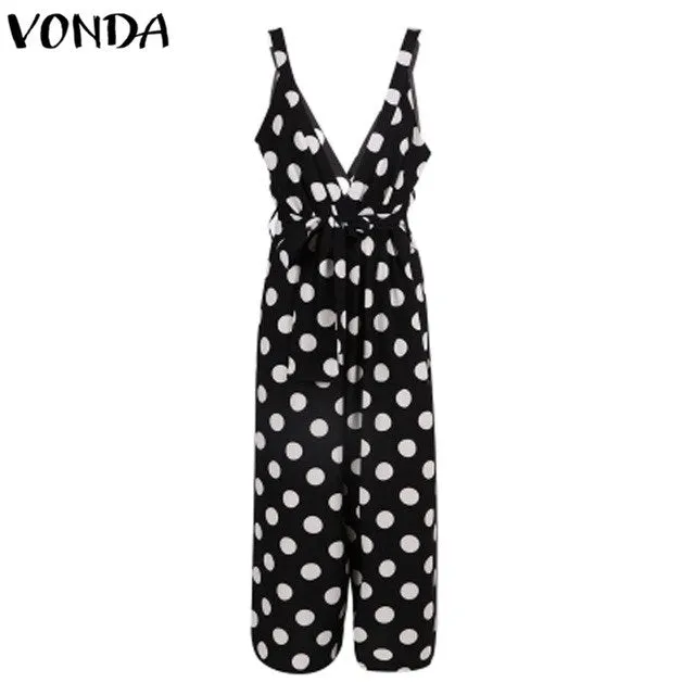 Hot 2018 Summer Sexy V Neck Sleeveless Backless Dot Printed Jumpsuit Trousers Women Wide Leg Pants Bohemian Casual Overalls