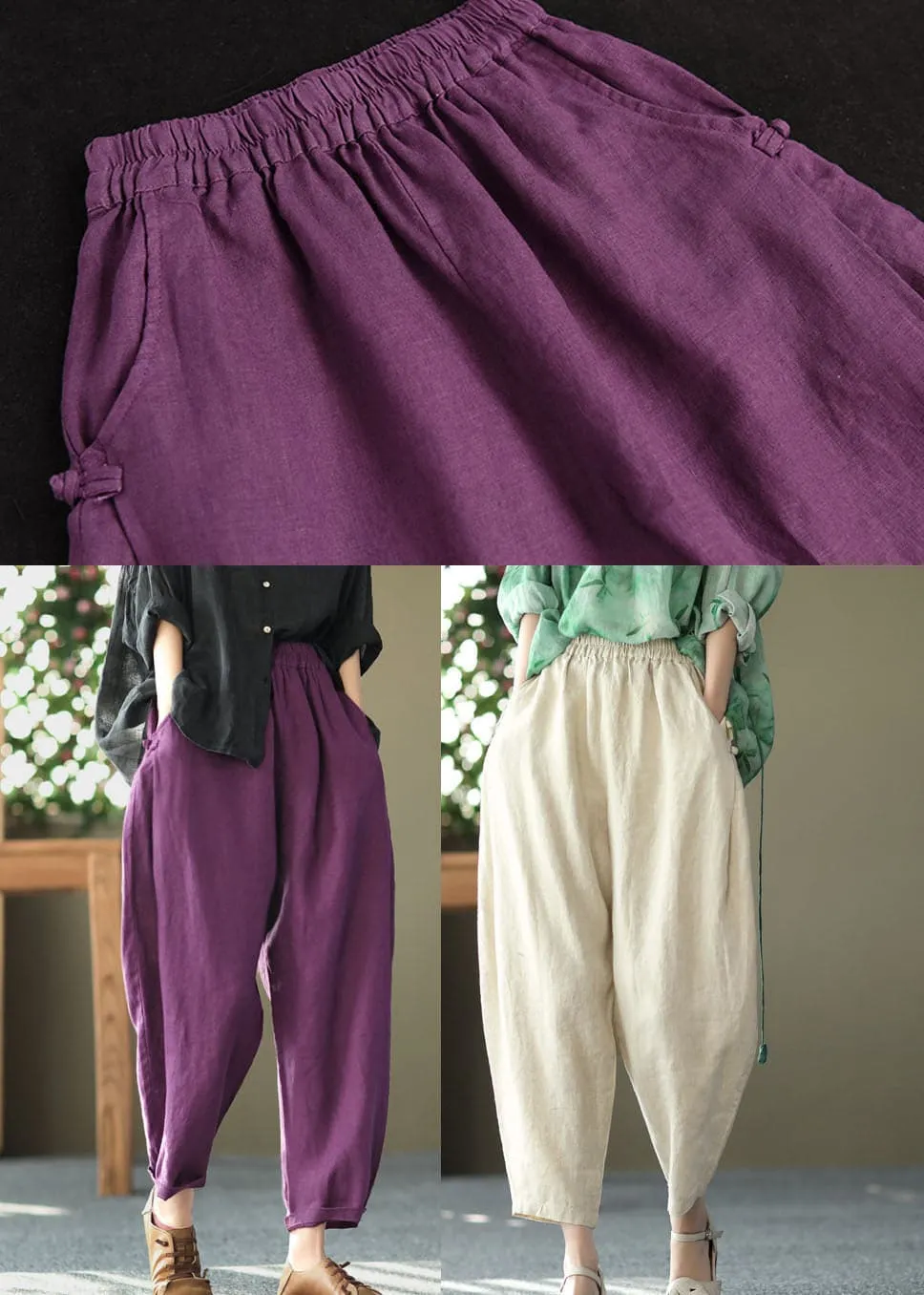 Italian Purple Oriental High Waist Linen Harem Pants Summer