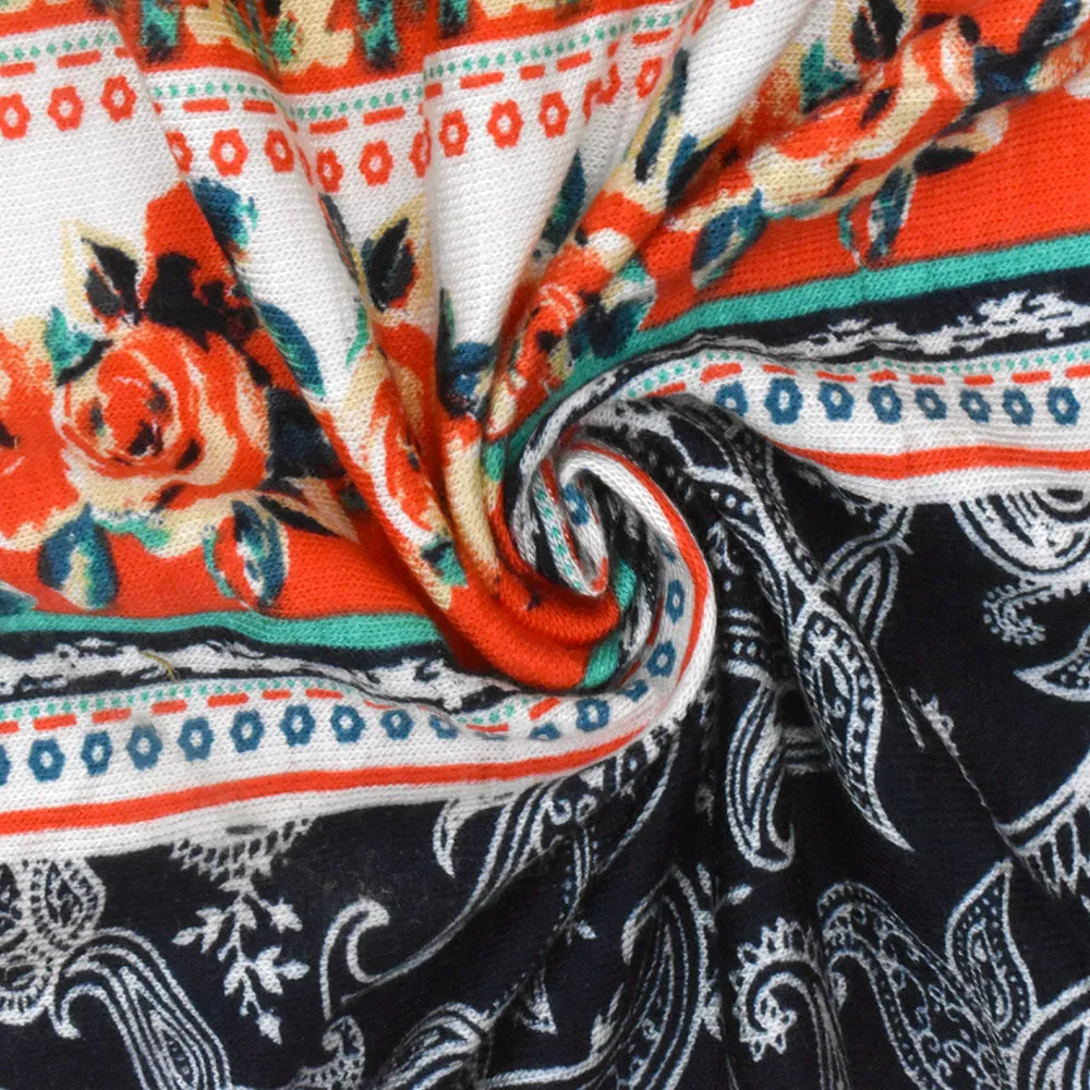 Ivory-Red-Multi Mix Pattern Stripe Printed Stretch Rayon Jersey Knit Fabric