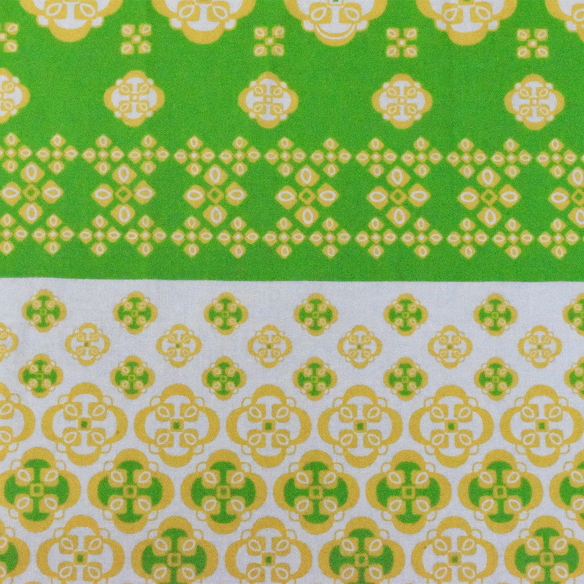 Ivory-Yellow-Green Striped Quatrefoil Printed Cotton Voile Woven Fabric