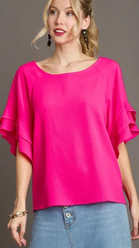 Jaz Ruffle Sleeve Top  Hot Pink